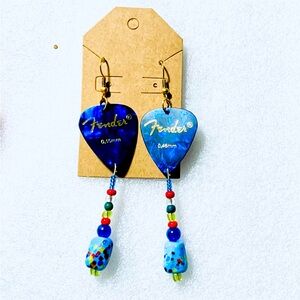 Blue dangling guitar pick earrings